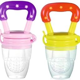 ROFORUF Silicone Fruit and Food Baby Feeder/Squeezer/Pacifier/Nibbler Feeder for Fruit and Veggie with Easy Grip Handle, Pacifier Feeder for New Born Baby 3-12 Months (Pack of 2) (Pink & Yellow)-17