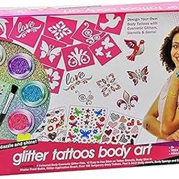 Budetto Glitter Tattoos Body Art Kit 100 – Design Your Own Sparkling Tattoos with Cosmetic Glitters, Stencils & Gems | DIY Temporary Set for Kids Girls-image-12