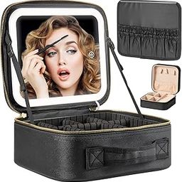 Travel Train Case With Mirror LED Light 3 Adjustable Brightness Cosmetic Bag Portable Storage Partition Waterproof Makeup Brushes Jewelry Gift for Women, Black, Easy to Carry-image-15