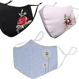 By Q-One Floral 4 Layer, Reusable, with Ear Adjusters, Anti-Bacterial (BFE>99%) Embroidered Cotton Cloth Face Mask Combo for Women, Girls (includes Mask bag)(Medium, Black-Blue-Pink, Pack of 3)-18