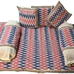 Charanteja Handlooms pochampally ikkat Cotton Diwan Set with 5 Pieces - 1 Single bedsheet with 3 Cushions Covers and 2 Bolster Covers_White red-16