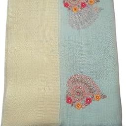 Riddhi Designer Floral Embroidered Sheer Saree with Pink and Orange Flowers, Light Blue-image-17