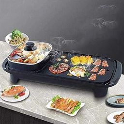 Delavala 2 in 1 Electric BBQ Hotpot Korean Style Non Stick Surface Smokeless Double Layer Barbecue Grill Griddle Plate Pan with Glass Lid for Tandoor Veg-Non Veg Cooking Grill Pan (53x27 x11CM)-18