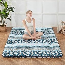 Zelladorra Japanese Floor Mattress, Futon Mattress with Portable Storage Bag and Washable Cover, Roll Up Thick Tatami Mat Suitable for Camping, Guest Room (Blue Striped Jacquard, Twin)-image-5