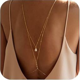 1 Pcs Premium Gold Body Chain Jewelry for Women Back Necklace for Backless Dress Backdrop Pearl Rhinestone Belly Chain Waist Chains Bra ChainsBodychain Trendy Sexy Stomach Jewelry (gold)-image-66