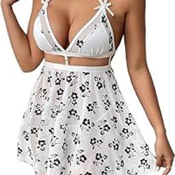 Nightdress for Women Lace Babydoll Mesh Nightgown V Neck Teddy Open Back Lingerie-image-4