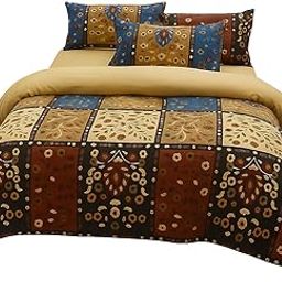 Jain Brothers Bohemian Floral Patchwork Duvet Cover Set – 3 Piece Bedding Set for Double Bed – Brown, Blue & Gold Printed Quilt Cover – Ultra Soft Microfiber, Zipper Closure | (Set of 13)-8