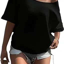 sxv style Women's Off-Shoulder T-Shirt, Short Sleeve, Casual Loose Fit, Black-picture-36