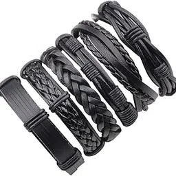 peora Combo Pack of 6 Black Braided Leather Bracelet for Men Boys-picture-20