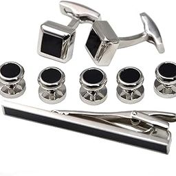 Okones Luxury Black Fine Glass Cufflinks and 4Pcs Studs Set for Tuxedo Formal Shirt With a Gift Box-8