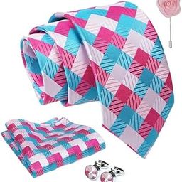 Geometric Tie For Men – Formal Ties Set With Pocket Square, Cufflink & Flower Pin With Gift Box For Mens, Silk Fabric Neckties Gift Sets For Men’s (DGS)-image-87