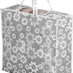 Kuber Industries Blanket Cover | Wardrobe Storage Bag | Waterproof Underbed Storage Bag | Visible Window with Handle | Bedding Clothes Bag | Flower Quilted Comforter Bag | Gray-14
