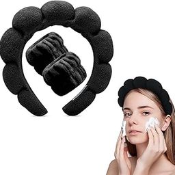 Hair Bands for Women, Non Slip Stylish Hairbands for Women, Makeup Hair Band, Head Band for Women Facial, for Face Washing, Shower,Facial Spa Includes 2 Wristbands(Black)-image-83