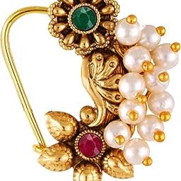 Vighnaharta Gold Plated Pearls (Moti) with Artificial stone Alloy Maharashtrian Cultural Nath Nathiya./ Nose Pin for women[VFJ1286NTH-TAR]-picture-41