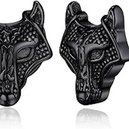 Wolf Head Stud Earrings for Women Black Stainless Nordic Viking Jewelry Men Boys Studs Charms-image-3