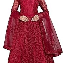 Women's Net Embroidered Semi-Stitched Gown Jinnat Maroon, Maxi, Fit And Flare, 7XL-44