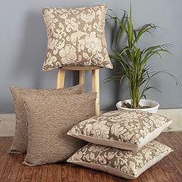 Cazimo Jacquard Soft Velvet Floral Cushion Covers | Hypo-Allergenic | Washable | Non-Fade Diwan Sofa Pillow Covers for Home Bed & Living Room (Size - 16 X16 Inches, Color - Beige) - Set of 5 Pcs-33