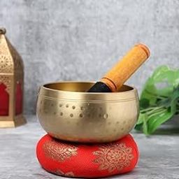 Tibetan Singing Bowl Set, Bronze, Wood and Brass, Hammered Meditation Bowl, 10 x10 x 7 cm, for Yoga and Chakra Healing-image-2