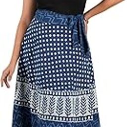 Women's Indigo Cotton Wrap Skirt, Polka Dot and Leaf Print, Blue and White-image-28