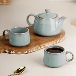 The Earth Store Premium Grey Glaze Ceramic Morning Tea Set - 2 Tea Cups & 1 Kettle Microwave and Dishwasher Safe | Tea Cup with Kettle | Small Morning Set | Ideal for Gifting and Daily Use-image-12