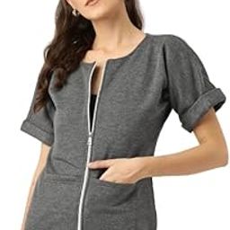 Women Solid Half Sleeves Cotton Front Zip Fleece Jacket-image-27