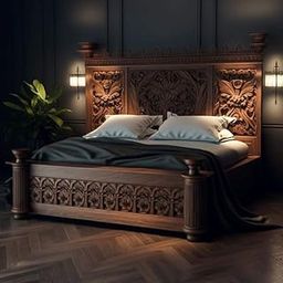 Handcrafted Teak Wood King Size Bed, Royal Antique Carved Design, Traditional Luxury Bedroom Furniture-image-28