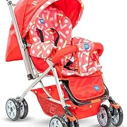 Mee Mee Mother's Lap Stroller/Pram for 0 to 3 Years, New Born/Kids, 5 Point Safety Harness, Adjustable backrest, 360 Swivel Wheel, Large Storage Basket, Reversible Handlebar Net (Light Red)-1