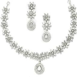 Rhodium-Plated with Silver-Toned Floral Design White American Diamond Studded Jewellery Set-10