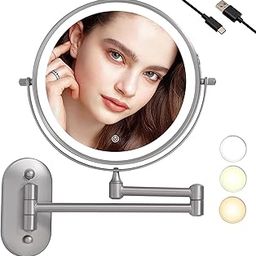 TUSHENGTU Wall Mounted Makeup Vanity Mirror with Lights Bathroom Shaving Mirror with 10X Magnifying Nickel, LED Rechargeable (8CB-N10X).-50