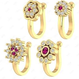 FASHIONS Gold Plated Ruby Stone Clip On Nose Ring Non Piercing Press on Nosepin Combo for Women - Set of 4-4