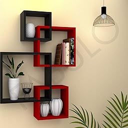 FABULO Wooden Intersecting Wall Shelves for Living Room, Bedroom | MDF Floating Wall Mount Shelf/Rack/Stand/Showcase for Home Decor - Wall Hanging Storage Unit, Set of 4 – Black and Red-picture-22