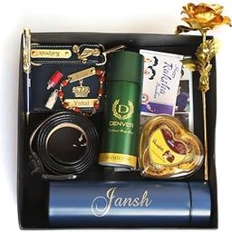Atrum shutrum Mens Name Customized Rakhi Gift Hamper Set with Water Bottle, Photoframe, Pen, Men Wallet, Keychain, Golden Rose, Men Deodorant with Mens Belt and Chocolate (Blue)-image-67