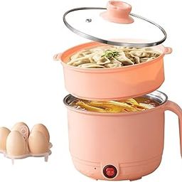 Estervig Multipurpose Electric Cooker 1.5L with Steamer & Egg Tray - Inner Steel Multi-Cooking Pot Non-Stick Kettle for Travel Automatic Mini Hot Pot (Peach) (Cooking Pot+Steamer+Egg Tray)-25
