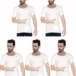 Cotton Round Neck Half Sleeves White Men's Regular Fit Vest - Pack Of 5 (#Interlock-Pkt-Rns-90 Cm), Large-image-44