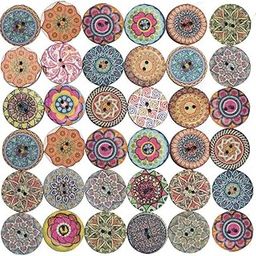 EASTHILL 100 PCS Wooden Buttons for Crafts, 1 Inch Assorted Vintage Round Flower Buttons With 2 Holes for DIY Sewing, Knitting, Baby Clothes-26