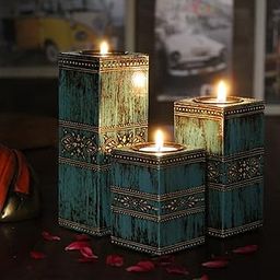 Rustic Wooden Tealight Candle Holder Stand - Set of 3 | Handcrafted Vintage Teal Gold Pillar Candle Holder | Decorative Candle Stand for Home Decor, Table Centerpiece & Housewarming Gift-14