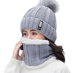 Winter Beanie Hat and Circle Scarf Set for Women with Faux Fur Bobble Pom Pom and Fleece Lining, Outdoor Sports Hats, Free Size-18