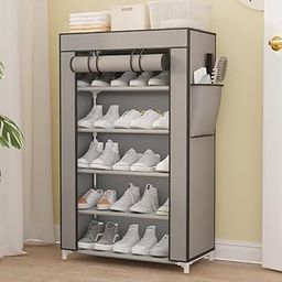 DWELLIT Foldable Fabric Shoe Rack with Dust Cover Entryway Organizer Space-Saving Storage Solution for home (Fabric cover with metal frame) (Gray, 6 Layer)-12