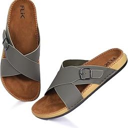 Men's Cross Strap Sandals with Buckle, Black/Olive green Sleeper, Leather & Comfortable Footbed-image-16