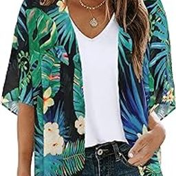 Women's Floral Cardigan Coverups Bohemian Kimono Loose Cover Up Tops Beach Swimsuit Puff Sleeve Blouse Female Chiffon Summer-53