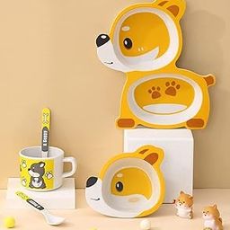 Hatanu Mall Bamboo Baby Tableware Set, Eco Friendly Bamboo Fiber Dinner Set for Weaning Toddlers/Kids, Set of Plate Bowl Cup Fork and Spoon/Baby Feeding Utensils for Kids (Doggy)-image-90