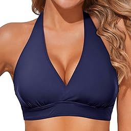 Women Halter Bikini Top Push Up Swimsuit Top Only, Navy Blue, L-picture-51
