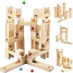 Onshine Wooden Marbles Run Block Toy Solid Wood Building Blocks Set Early Learning Construction Game for Kids (60pc Set)-0