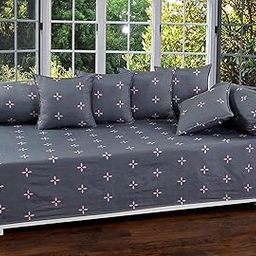 BREVARD 160 TC Glace Cotton 8 Pieces Diwan Set Including 1 Bedsheet, 5 Cushion Covers & 2 Bolster Covers, Grey Pink Star-image-83