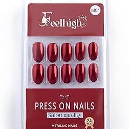 24pcs Press on Nails Short Oval,Chrome Nails Press ons Short Round,Metallic Glue tap on Nails Acrylic,Short Almond Fake Nails with Design,Glitter False Nails in 12 sizes (Red, Medium)-24