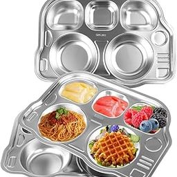 Happy Hues® Stainless Steel Divided Meal Plate Tray-5 Compartments Dinner Dish for Baby (Bus)-26