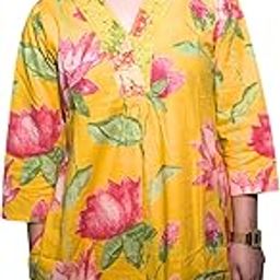 Pehnava Women’s Floral Print Cotton Kurta Plazzo Set with Mirror Work – Available in Mustard Yellow & Green, Multiple Sizes-image-79