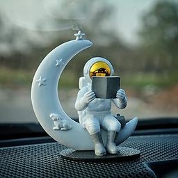 Street27® Astronaut Figurine Showpiece for Home Décor Idols for Office Desk Table Astronaut Toy for Car Dashboard, Statue for Gift Gifting Items Birthday Decoration (Reading on Moon - Golden), Space-31