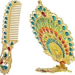 Mikinona 1set Vintage Portable Makeup Mirror and Comb Set Carved Peacock Design Lightweight Handheld Mirror for Women for Travel and Outdoor Use Gold Set-3
