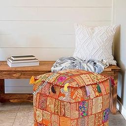 Hand Embroidered Ottoman Pouf Cover 16x16x16 Inch Khambadiya Square Cover Vintage Patchwork Foot Stool Cover Attractive Sitting Floor Bean Bag Cover-75